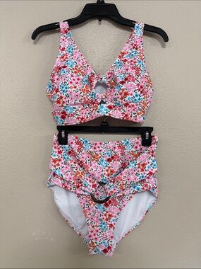 NWOT High Waisted Bikini Tummy Control Floral Print Modest Bathing Suit Swimsuit
